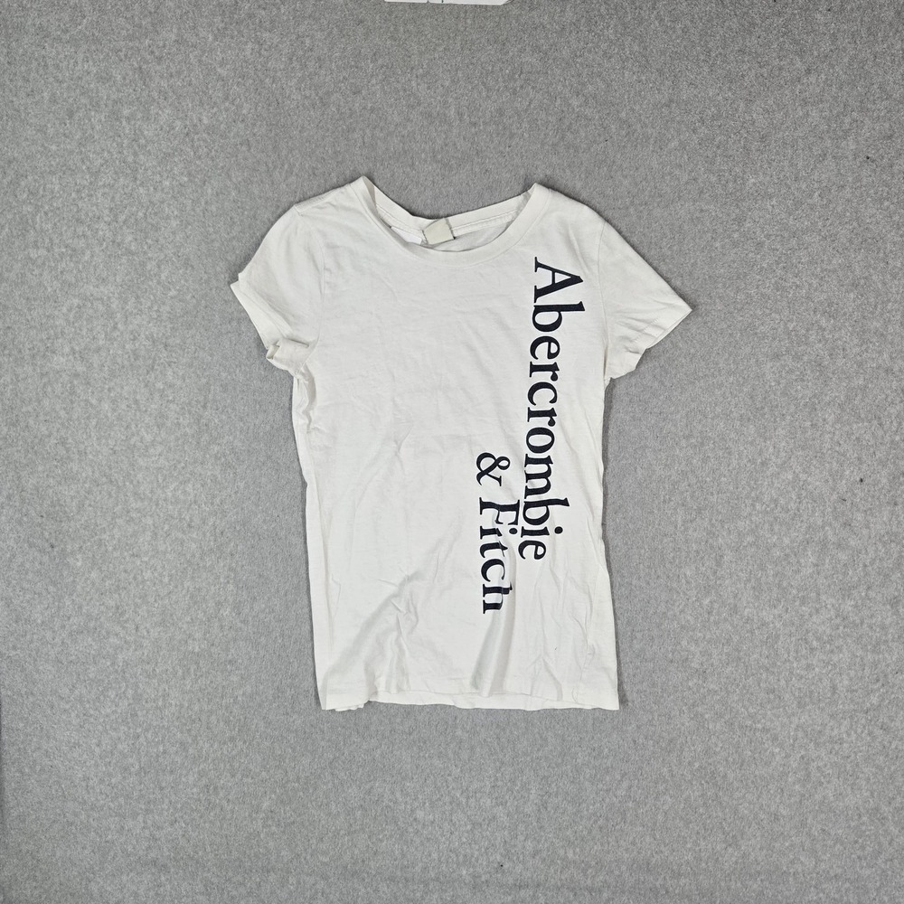 Abercrombie & Fitch Women Shirt LARGE White Logo‎ Graphic Slim Fit Short Sleeve